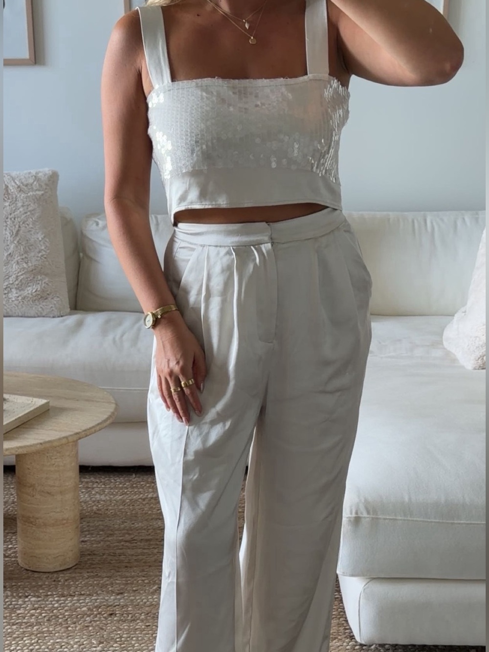 The Noli Shop Women's Cream Sequin Crop Top & High-Waist Pants Set